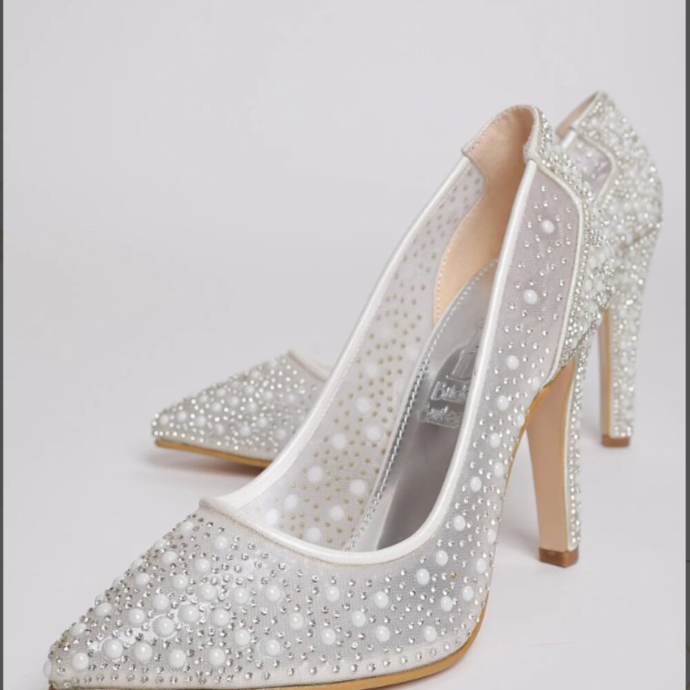Pointed Toe White Silver Pearl and Rhinestone Crystal Sheer Heel, Size 38/7.5